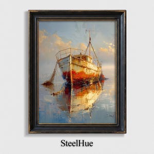 Weathered Fishing Boat Painting Printable, Head-On Coastal Vessel Art with Mirrored Water Reflection, Rustic Nautical Wall Decor Gift