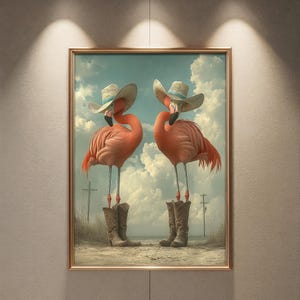Funny Country Decor Cowboy Flamingo Duo Art Whimsical Vintage Style Rustic Animal Print Hats and Boots Wall Art Printable Download