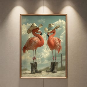気まぐれな壁アート フラミンゴ カウボーイ プリント 風変わりなトロピカルシーン 面白い動物の装飾 ブーツと帽子のテーマ デジタルビーチアート 印刷可能