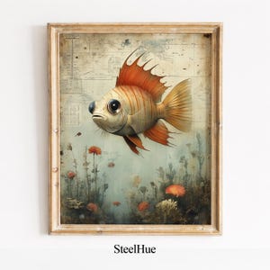 Vintage Wissenschaft Collage Fisch Druck - Seitenprofil Gestreifter Rotfeuerfisch auf Seekarte Karte, Küsten Badezimmer Dekor Geschenk, Digital Download