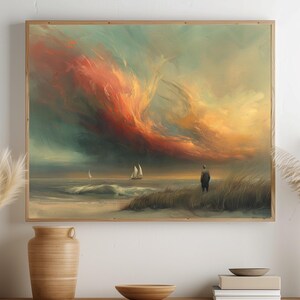 Dramatic Coastal Sunset in Impressionist Style  Moody Seascape Painting Earthy Wall Art Printable Ocean Decor Rustic Coastal Print 211
