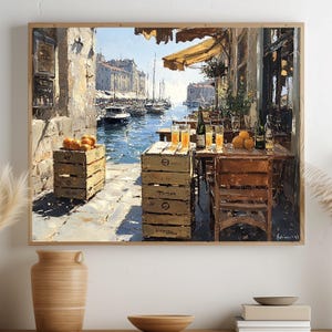 Mediterranean Decor Harbor Cafe Print Vintage Cityscape Art Rustic Waterfront Scene Coastal Summer Wall Art Printable Download