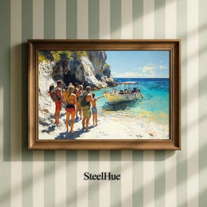 Impressionistic Seaside Cove Print, Beachgoers & Skiff, Turquoise Cliffs Ocean Landscape, 5:4 Printable Coastal Wall Art Gift