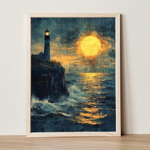 Stampa murale costiera malinconica, vintage, con faro, per la decorazione di pareti di gallerie, dipinto rustico con tramonto sull'oceano, scena di mare tranquilla, stampabile
