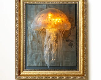 Glowing Jellyfish Wall Art Print, Moody Coastal Ocean Decor, Bioluminescent Sea Creature Poster, Bathroom Spa Gift, Digital Download