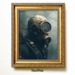 Cinematic Steampunk Diving Helmet Portrait Print, Vintage Deep-Sea Fog Illustration, Industrial Nautical Decor, Slate Blue Patina Download