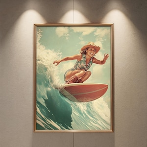 Coastal Cowgirl Surfer Art Vintage Ocean Scene Retro Surf Decor Rustic Beach Style Cottagecore Wall Art Printable Digital Print