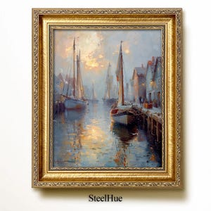 Impressionist Harbor Sunrise Printable, Misty Blue Gray Coastal Houses & Sailboats, Diffused Light Reflections, Nautical Wall Art Gift