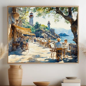 Mediterranean Decor Village Cafe Art Rustic Watercolor Print Seaside View Painting Coastal Summer Decor Printable Digital Download