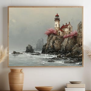 Stormwashed Lighthouse on Cliff Printable Coastal Scene with Cherry Trees Moody Seaside Wall Art Rustic Landscape Vintage Decor