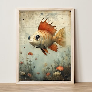 Arte de parede Cottagecore, colagem vintage de peixes tropicais para decoração de banheiro costeiro, impressão rústica de peixe-leão, arte náutica para berçário para impressão