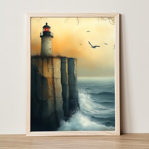 Moody Coastal Decor Stormy Lighthouse Painting for Gallery Wall Art Rustic Seascape Print Vintage Maritime Art Instant Download