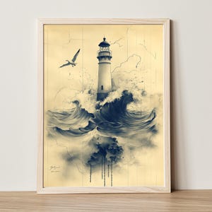 Dramatic Nautical Art Stormy Lighthouse Print for Gallery Wall Decor Moody Coastal Seascape Painting Ocean Waves Art Printable