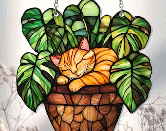 Atrapasueños de gato naranja en monstera, adorno acrílico para ventana, regalo para amantes de las plantas, amante de las plantas, regalo para mamá gatuna, regalo para amantes de los libros, amante de los gatos