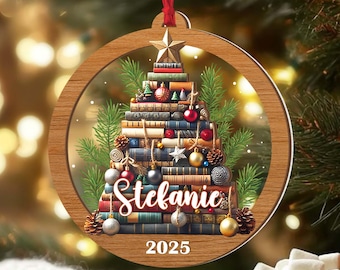 Personalized Christmas Book Tree Wood Ornament, Christmas Tree Book Gift, Book Lover Gift, Book Club Gift, Bookish Ornament, Book Exchange