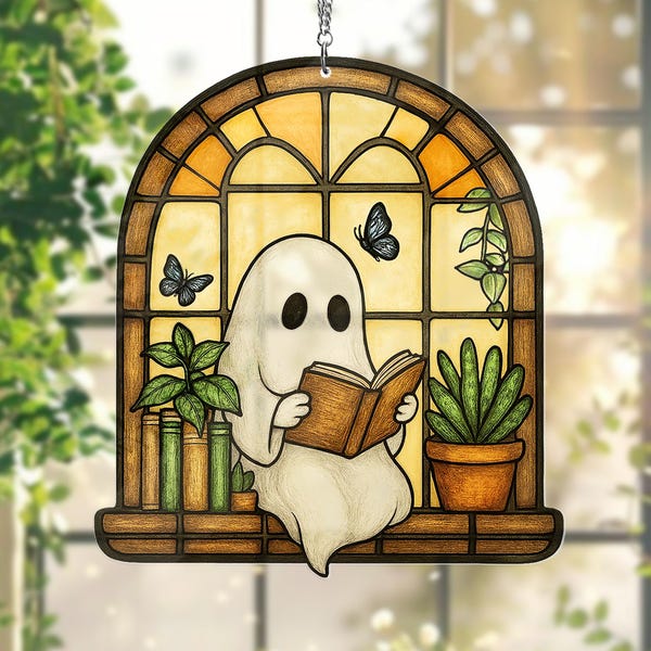Ghost Reading Book Suncatcher, Ghost and Plants Acrylic Window Hanging Decor, Reading Book Sun Catcher, Reading Gifts, Book Lover Gift