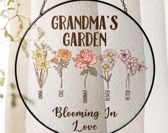 Personalized Birth Flowers Stained Glass Grandmas Garden Suncatcher, Custom Grandma's Garden Gift, Gift From Grandkids Window Hanging Decor