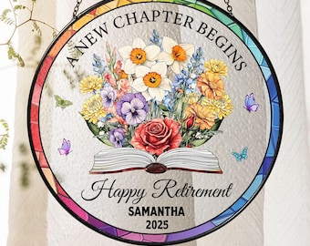 Personalized Retirement Stained Glass Suncatcher, Floral Book Retirement Gift, Retirement Keepsake, Teacher Gifts, Gift for Coworkers