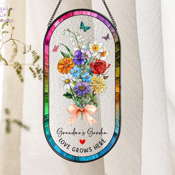 Family Bouquet Birth Month Flowers Stained Glass Suncatcher,Personalized Mom's Garden Window Decor,Birth Month Flower Gift,Mother's Day Gift