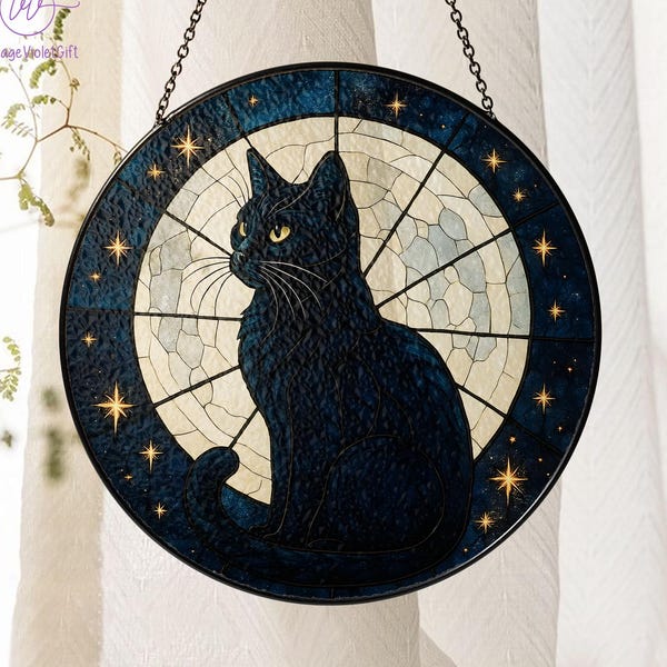 Black Cat with Moon Stained Glass Suncatcher, Black Cat Window Decor, Night Sky and Cat Sun Catcher, Cat Lovers Gift, Housewarming Gifts