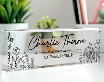 Personalized Desk Name Plate, Custom Office Acrylic Plaque with Name and Position, Floral Name Sign, Gift for Graduation, Coworker Gift