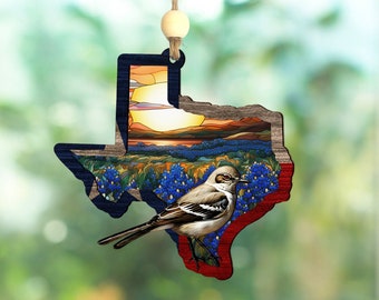 Texas Suncatcher Ornament, Texas stained ornament, Northern Mockingbird and Bluebonnet Home Decor, Texas Gifts, Texas state flower decor