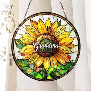 Personalized Grandma Grandkids STAINED GLASS Sun Catcher , Mother's Day Gift, Grandmas  Sunflower Garden, Mom Window Hanging with Kids Names