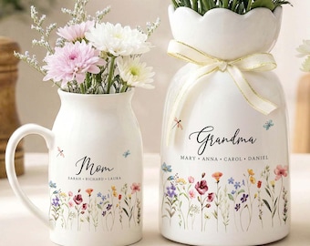 Personalized Wildflower Grandma Vase, Custom Ceramic Flower Vase, Mothers Day Gift for Nana, Gift from Grandkids, Nanny Gift, Gift For Mom