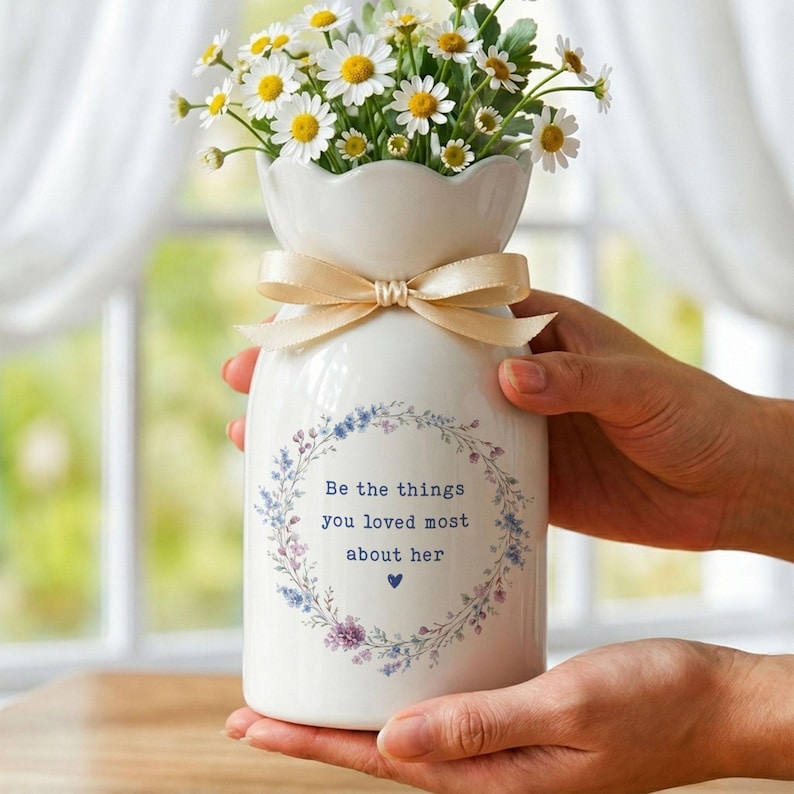 Peut inclure: Un vase en c&eacute;ramique blanc avec un n&oelig;ud cr&egrave;me, rempli de marguerites. Le vase pr&eacute;sente un motif de couronne florale et le texte "Be the things you loved most about her".