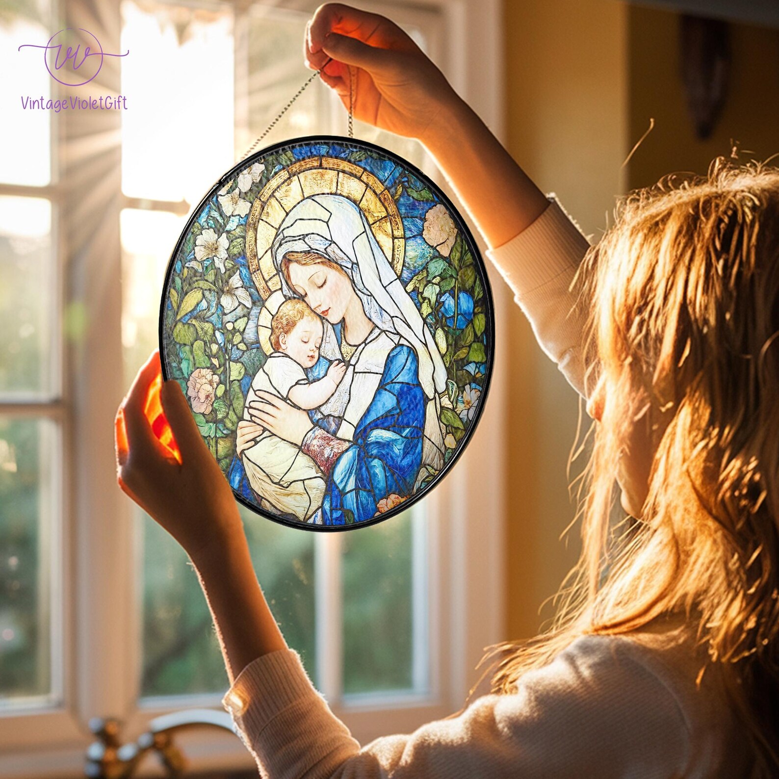 Virgin Mary Stained Glass Suncatcher, Christian Wall Art, Baby Jesus ...