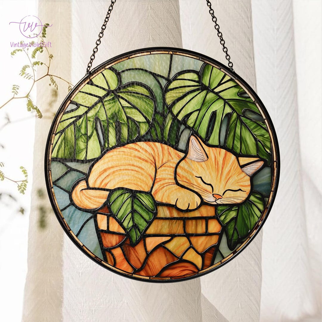 Orange Cat in Monstera Stained Glass Suncatcher, Monstera Plant Window ...
