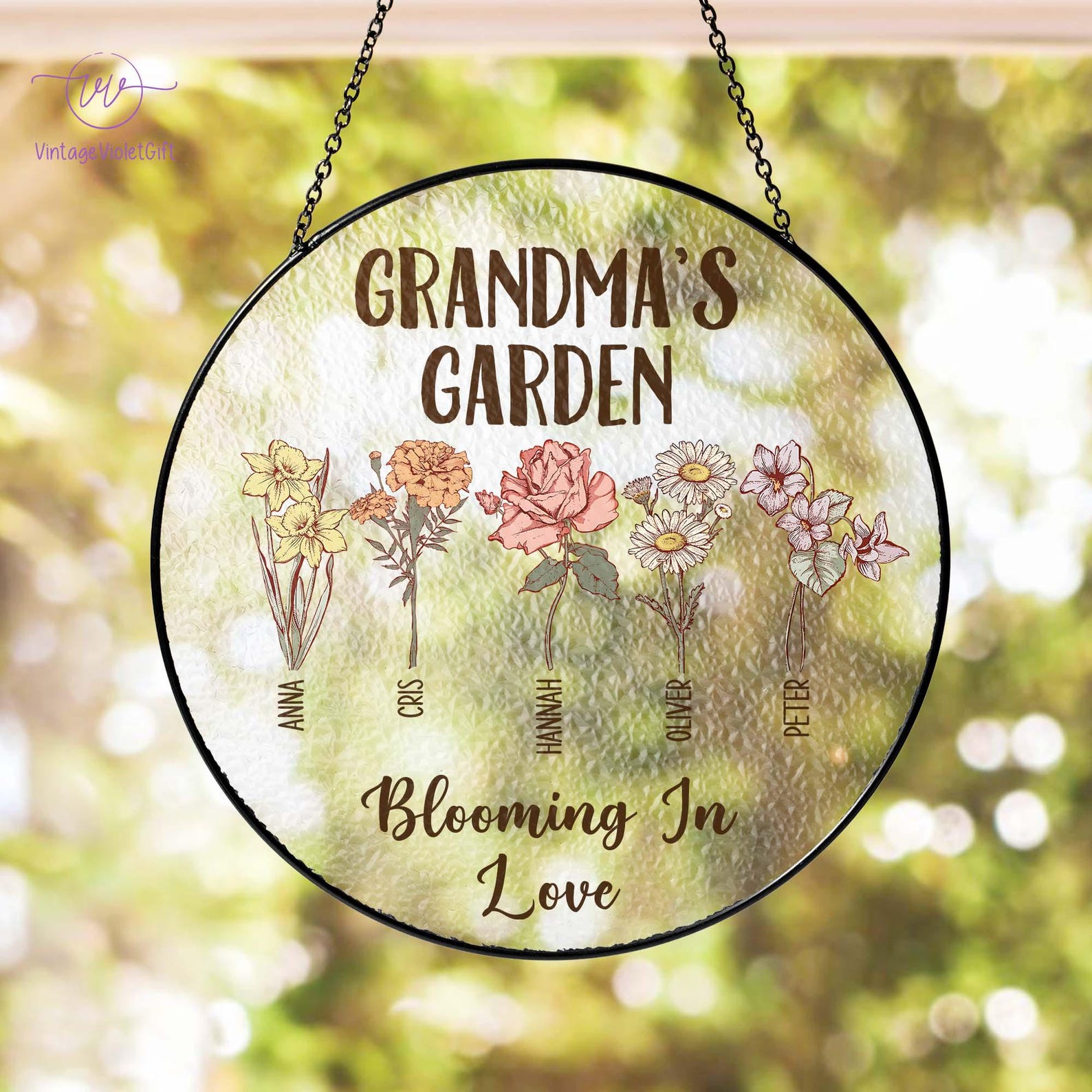 Personalized Birth Flowers Stained Glass Grandmas Garden Suncatcher ...