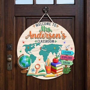 Custom Name Teacher Door Hanger, Adventure Themed Classroom Welcome Sign, Teacher Wood Sign, Explore Classroom Decor, Back To School Gift