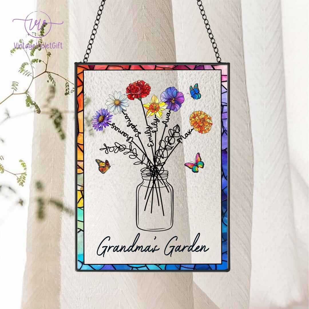 Custom Grandma's Garden Stained Glass, Personalized Love Grows Here ...