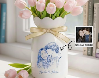 Custom Line Portrait, Personalized Picture Ceramic Flower Vase, Couple Drawing Anniversary Gift For Wife, Wedding Gift For Husband, Couple