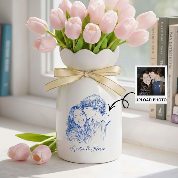 Custom Line Portrait, Personalized Picture Ceramic Flower Vase, Couple Drawing Anniversary Gift, Wedding Mothers Day Gift For Mother, Mom