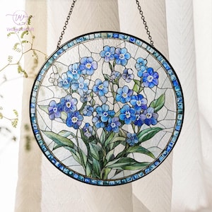 Forget-Me-Not Flower Stained Glass Suncatcher, Flower Window Hanging, Floral Sun Catcher, Nature Inspired Art, Botanical Glass Home Decor