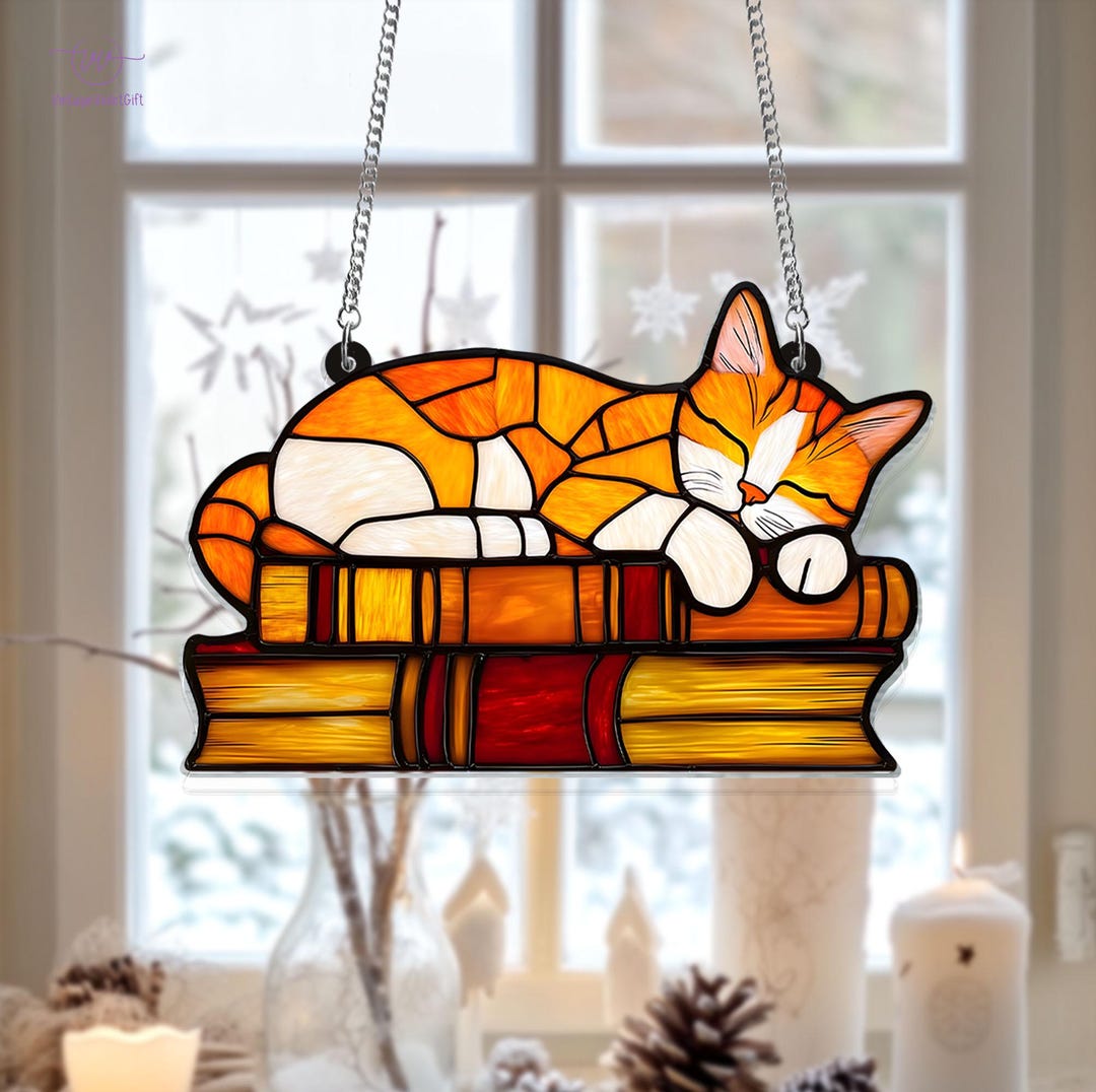 Orange Cat on the Books Acrylic Hanging Decor, Book Lover Gift Acrylic ...