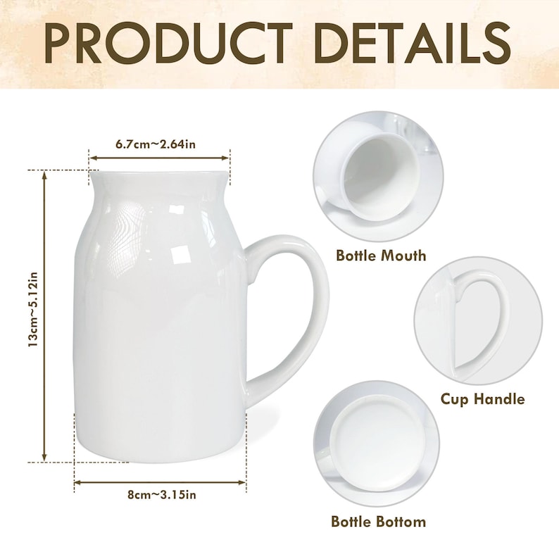 Peut inclure: Une tasse en c&eacute;ramique blanche avec une anse incurv&eacute;e, mesurant 13 cm de haut et 8 cm de large. L'ouverture de la tasse mesure 6,7 cm de large. L'image comprend des d&eacute;tails sur l'ouverture, la anse et le fond. Le texte "PRODUCT DETAILS" est en haut.