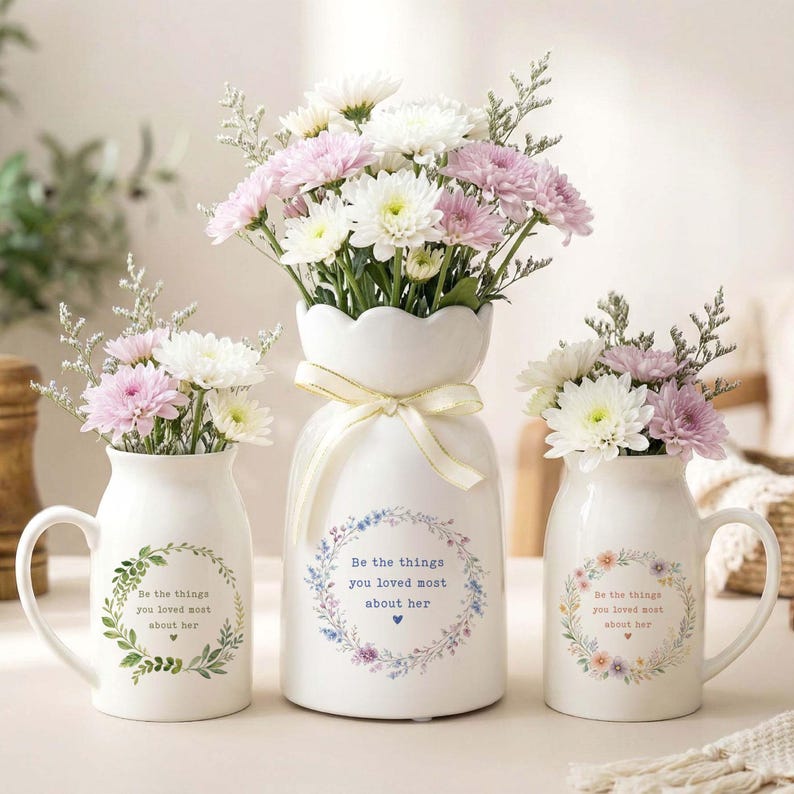Peut inclure: Trois vases en c&eacute;ramique blanche avec des arrangements floraux. Les vases sont d&eacute;cor&eacute;s d'une couronne florale et du texte "Be the things you loved most about her". Les fleurs sont blanches et roses.