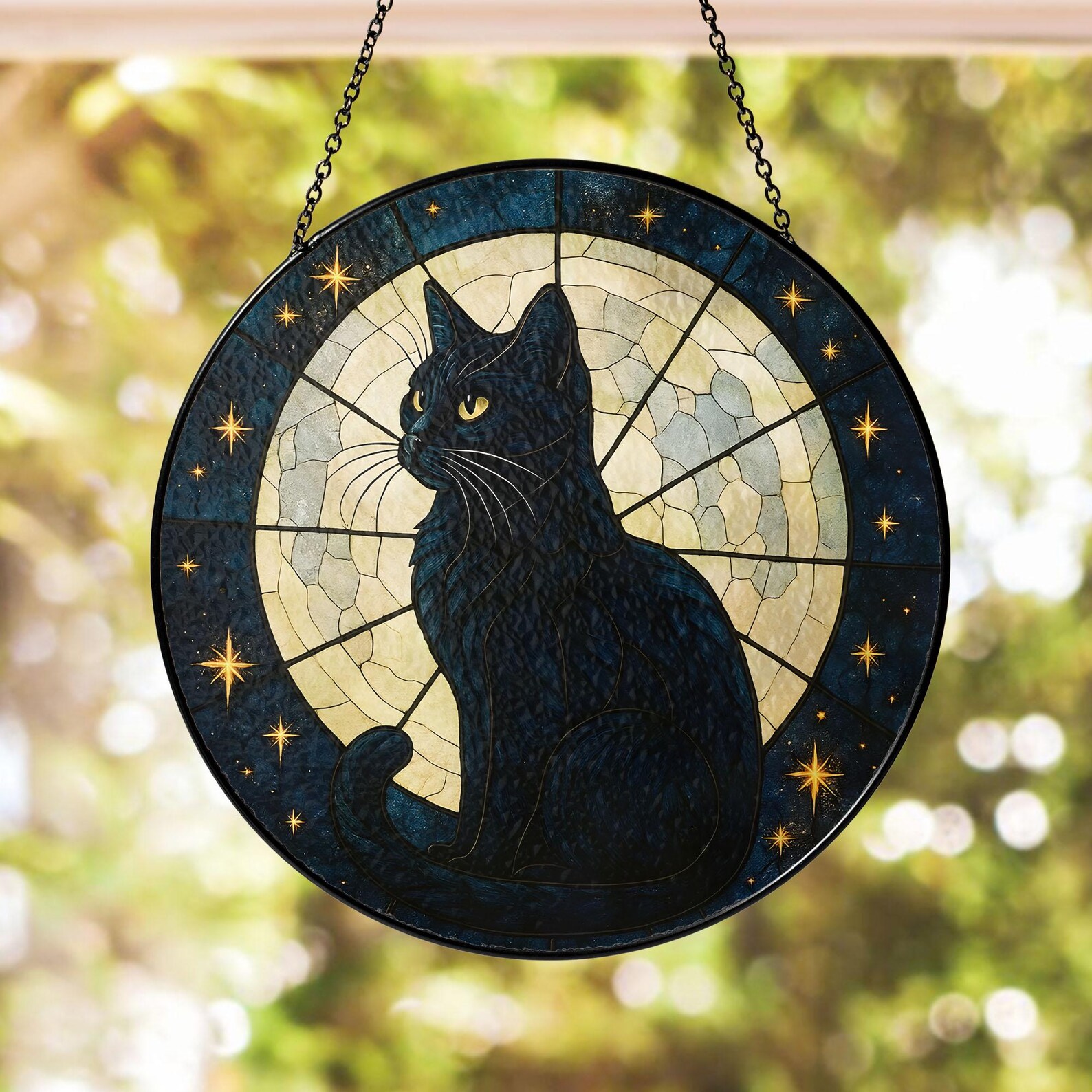 Black Cat With Moon Stained Glass Suncatcher, Black Cat Window Decor ...