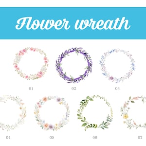 Peut inclure: Image pr&eacute;sentant sept couronnes de fleurs &agrave; l'aquarelle, chacune avec un design et une palette de couleurs uniques. Les couronnes comprennent des fleurs roses, violettes et jaunes, ainsi que du feuillage vert. Le texte "Flower wreath" est en haut.