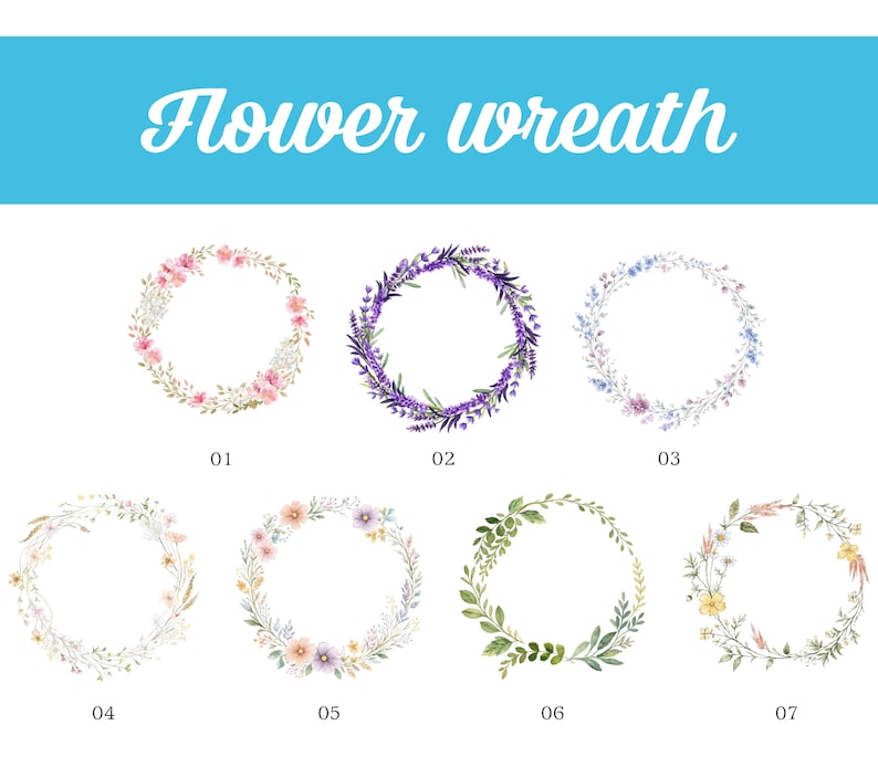 Peut inclure: Image pr&eacute;sentant sept couronnes de fleurs &agrave; l'aquarelle, chacune avec un design et une palette de couleurs uniques. Les couronnes comprennent des fleurs roses, violettes et jaunes, ainsi que du feuillage vert. Le texte "Flower wreath" est en haut.