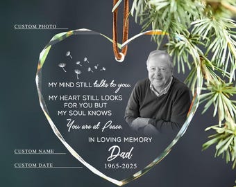 Dad Memorial Heart Glass Christmas Ornament, Custom Dad Mom Memorial Photo Ornament, Mom Loss Ornament, Loss of Father Gift, Sympathy Gift