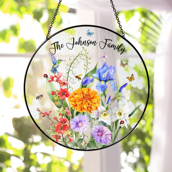 Custom Family Birth Month Flower Stained Glass Suncatcher,Nana's Garden Suncatcher Gift,Birth Month Flower Glass Art,Grandma Gift,Home Decor