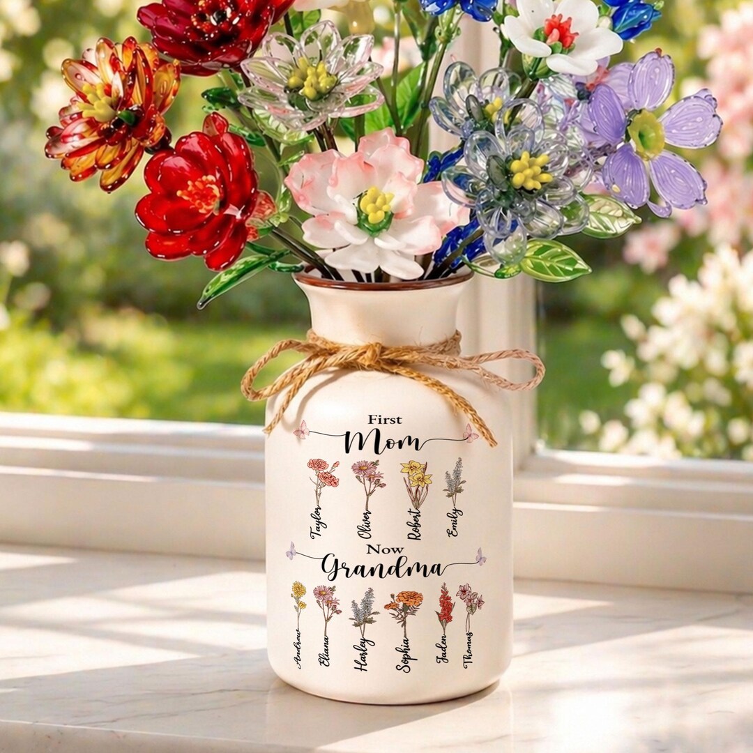 Custom First Mom Now Grandma Ceramic Glass Flower Vase, Birth Month ...