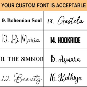 Op de afbeelding: Een lijst met namen geschreven in verschillende lettertypen. De namen zijn: Bohemian Soul, Hi Maria, THE SIMBIOD, Beauty, Gastela, HOOKRIDE, Asmara en Kathiya.
