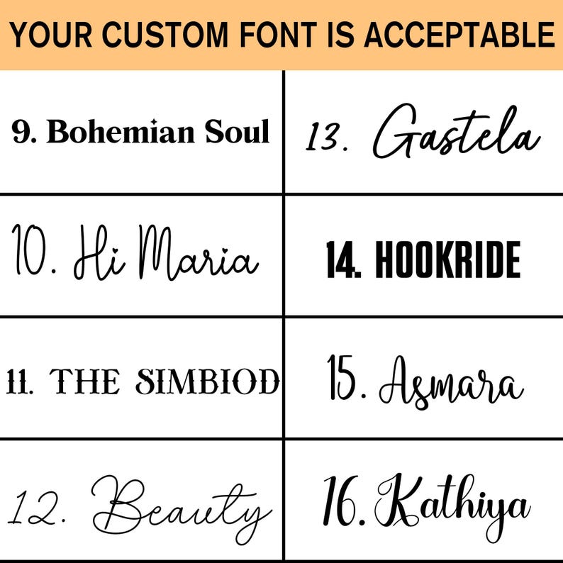 Op de afbeelding: Een lijst met namen geschreven in verschillende lettertypen. De namen zijn: Bohemian Soul, Hi Maria, THE SIMBIOD, Beauty, Gastela, HOOKRIDE, Asmara en Kathiya.