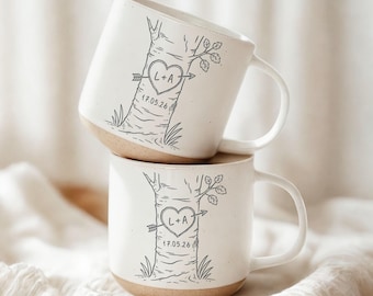 Personalized Engraved Couple Pottery Mug, Wedding Gift, Custom Carved Initials In A Heart Tree Couple Mug, Engagement Gifts, Newlywed Gift
