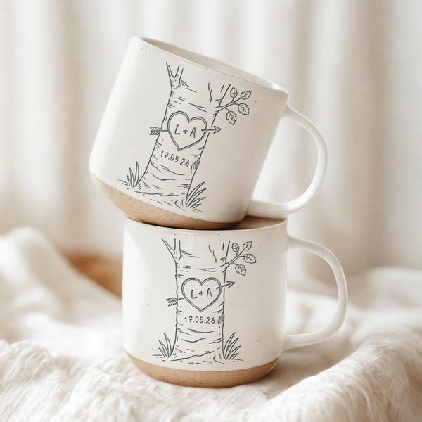 Personalized Engraved Couple Pottery Mug, Wedding Gift, Custom Carved Initials In A Heart Tree Couple Mug, Engagement Gifts, Newlywed Gift